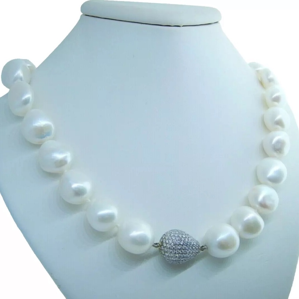 Authentic South Sea Baroque Pearl 18k Gold VS Diamond Pave Necklace